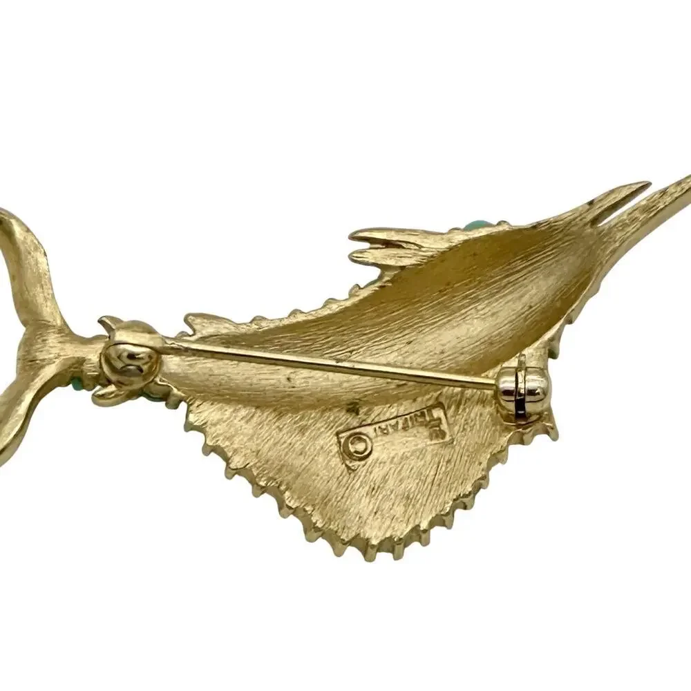 VTG Crown Trifari 1950s Turquoise Gold Tone Swordfish Marlin Brooch Pin Signed